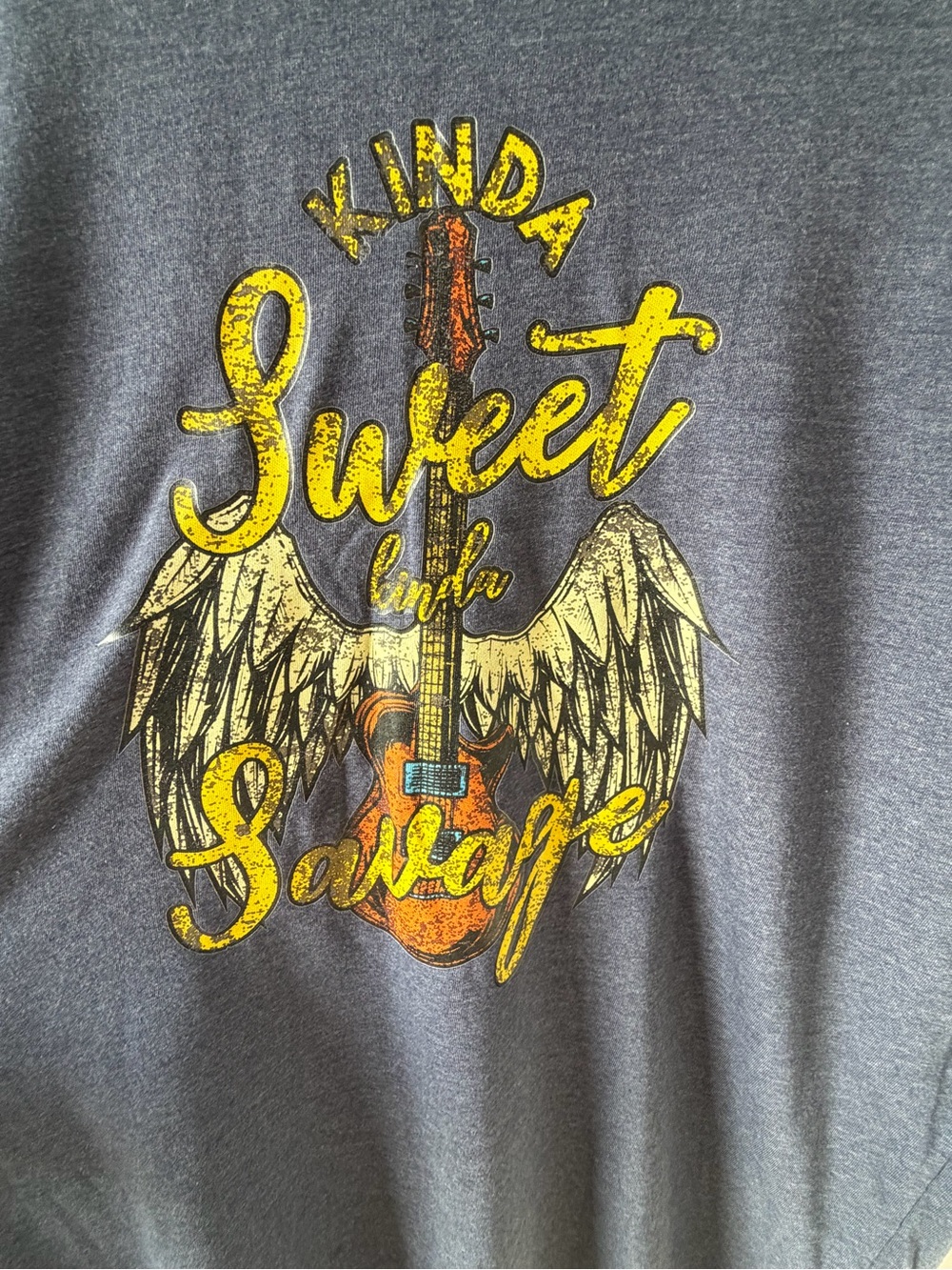 Kinda Sweet Kinda Savage Graphic Tee | Heather Blue | Guitar Wings | Size L - Picture 4 of 5